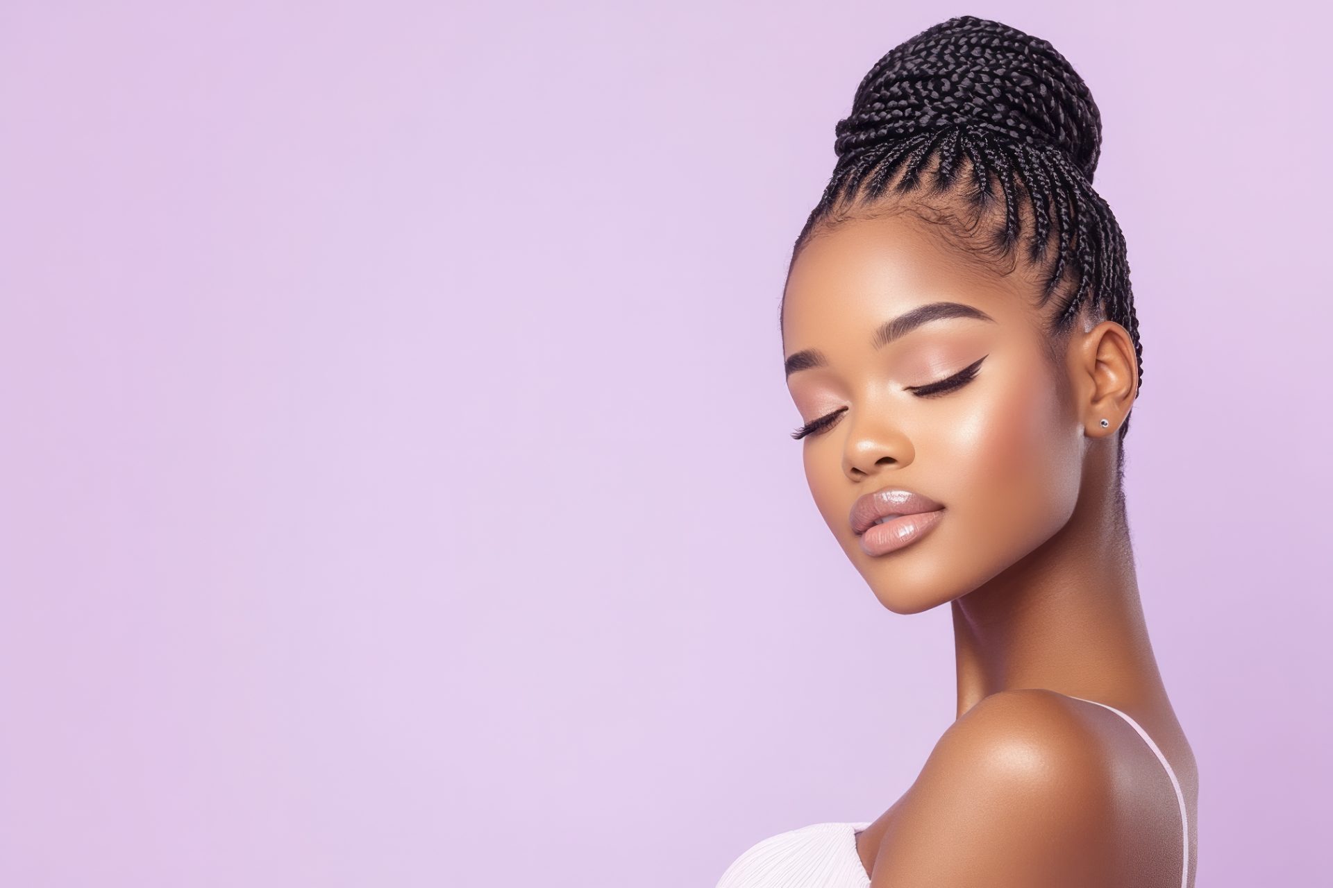Woman with braided updo hairstyle against purple background, eyes closed