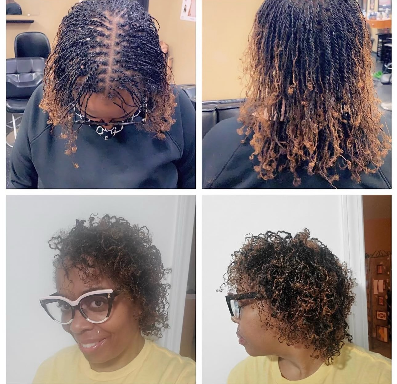 Before and after hair transformation showing braids removal and curly hair styling results