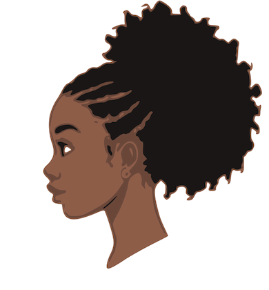 Profile illustration of a woman with braided hair and natural textured hair styled upward