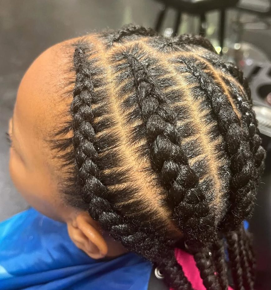 Back view of person with multiple black braids styled in parallel rows