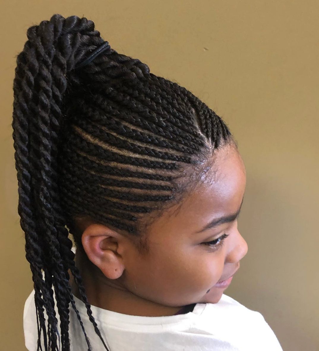 Young child with braided hair styled in an updo with gathered braids at the crown