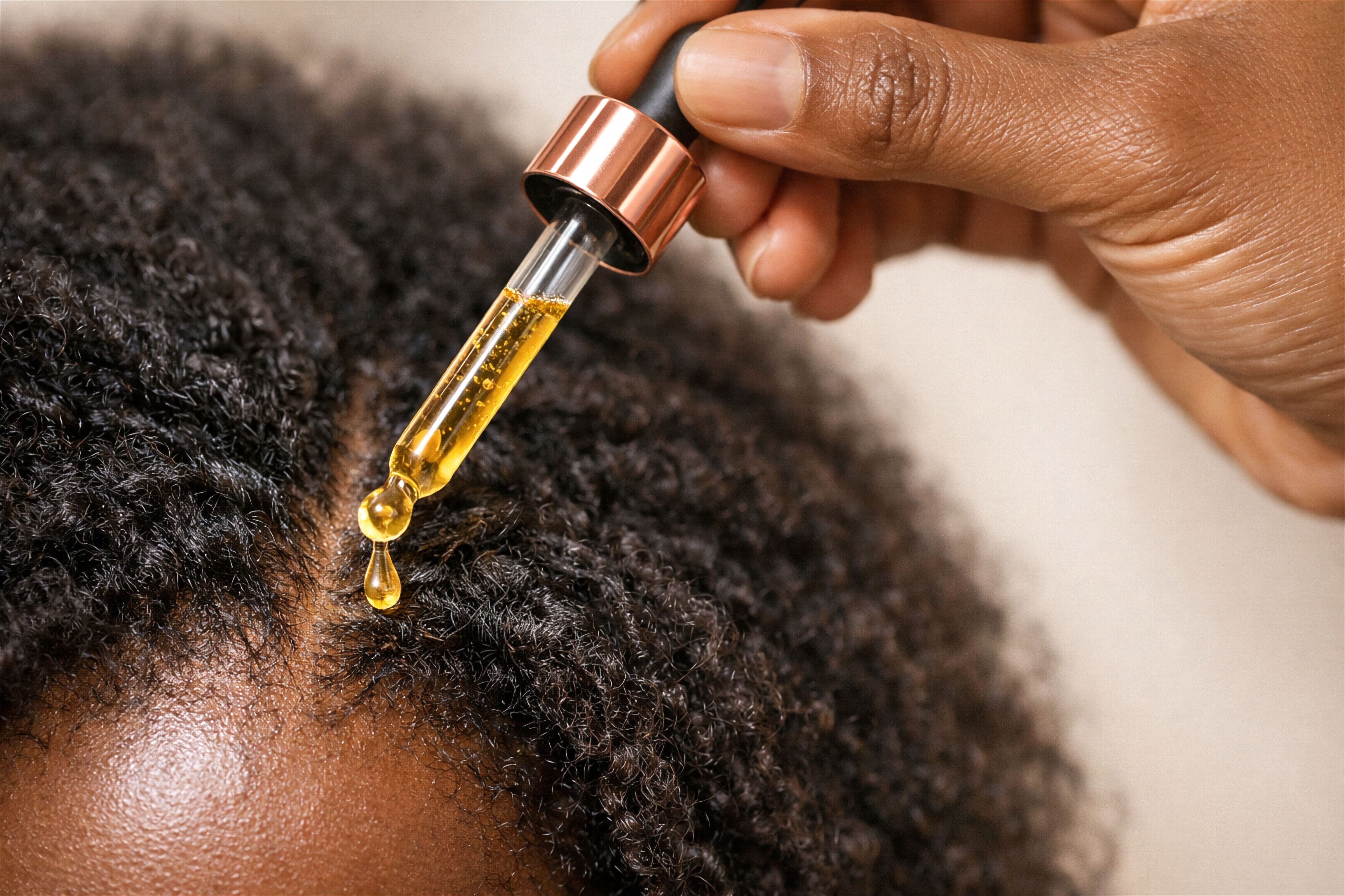 Person applying golden hair oil to textured hair with dropper bottle